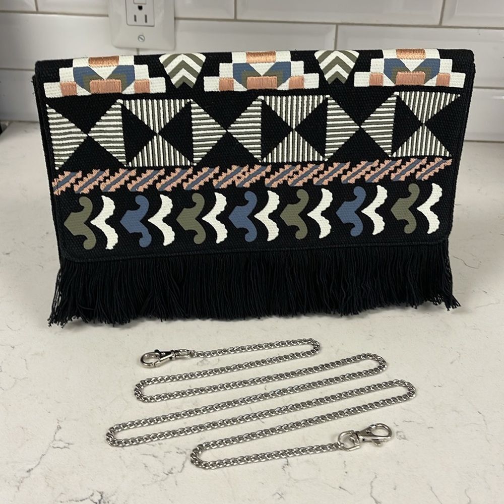 Stella & Dot TAJ Clutch Black/ Multi Embroidery with Fringe